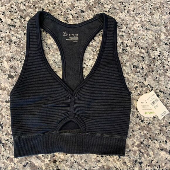 Aerie Bra XXS Seamless Offline Oasis Rib Sports Charcoal Black - Picture 3 of 7
